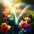 Powerful irrigation system water sprinkler working in garden photorealistc multiple flowers fresh morning flare created with