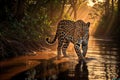 Powerful jaguar in the jungle walking through a river at sunset, with rays of light shining through the trees. Amazing Wildlife