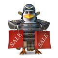 Powerful Japanese samurai penguin warrior has been shopping in the sales again, 3d illustration