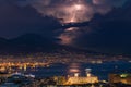 Powerful lightning above Mount Vesuvius and Naples, Italy