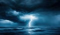 A powerful lightning bolt dramatically strikes the ocean during a dark and intense thunderstorm. Royalty Free Stock Photo