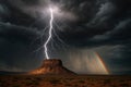 Powerful Lightning Bolt Hitting Desert Mesa Under Stormy Sky with Rainbow AI-GENERATED Royalty Free Stock Photo
