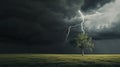 A powerful lightning strike hitting a lone tree in an open field, with dark storm clouds looming overhead Royalty Free Stock Photo
