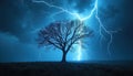 Powerful lightning strikes near bare tree silhouette against dark blue sky background. Electrical energy concept creates dramatic Royalty Free Stock Photo