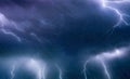 Powerful lightnings and rain in dark stormy sky, weather forecast concept, climate change background Royalty Free Stock Photo