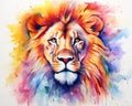 The Powerful Lion animal watercolor is colorful and has a running rnbow.