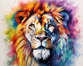 The Powerful Lion animal watercolor is colorful and has a running rnbow. Royalty Free Stock Photo
