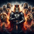 Powerful lion knight holding a sword, surrounded by a loyal army of lions.