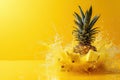 Powerful liquid explosion, sliced pineapple, yellow Background