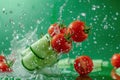 Powerful liquid explosion, slised cucumber and tomatos, green Background