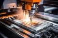 A powerful machine cuts through a piece of metal with precision and efficiency, The CNC milling machine cutting the plastic parts Royalty Free Stock Photo