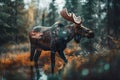 A powerful and majestic moose walking through a forest. Generative AI