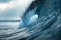 A powerful and massive wave crashes and sprays water as it rises in the vast expanse of the open ocean, An ocean wave captured at