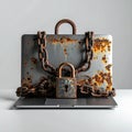 Outdated Digital Security with Rusty Chains on Laptop Royalty Free Stock Photo