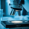 A powerful microscope with multiple lenses focused on a sample, ready for scientific observation