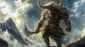 Powerful Minotaur with Axe in Dramatic Mountainous Landscape Royalty Free Stock Photo
