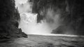 Powerful Monochrome Waterfall Cascading Between Dark Rocks Royalty Free Stock Photo