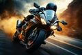 Powerful motorcycle roars at high speed, rider immersed in adrenaline pumping velocity