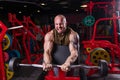 Powerful muscular man doing biceps exercise with barbell on the bench Royalty Free Stock Photo