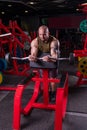 Powerful muscular man doing biceps exercise with barbell on the bench Royalty Free Stock Photo