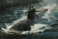 Powerful nuclear submarine surfacing through rough waters in a dramatic maritime scene. Royalty Free Stock Photo