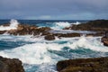 Powerful Shore Break on Hawaii`s Lava Rock Coast with Splashing