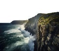 sunny ocean scene with giant waves crashing on the shore cliffs. fjords. Transparent PNG file. Ocean, sea, water, waves.