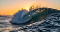 Powerful ocean wave barrel during sunset with golden light Royalty Free Stock Photo