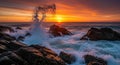 Dramatic Ocean Wave Crashing Against Jagged Rocks at Sunset with Fiery Orange Sky water Royalty Free Stock Photo