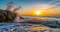 Dramatic Ocean Wave Crashing Against Rocks at Sunset with Golden Sunlight and Sky water Royalty Free Stock Photo