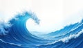 Powerful ocean waves crash creating dynamic fluid forms. Waves display powerful strength, energy. Water color effect. Image