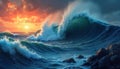 Powerful ocean waves crash during dramatic sunset. Massive waves surge with white foam. Breathtaking seascape shows force of Royalty Free Stock Photo