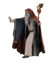 Powerful old wizard or sorceror with long grey beard holding magic staff and casting a spell. 3D illustration isolated on white