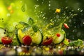 Powerful olive oil explosion, slised cucumber, herbs and tomatos, green Background