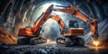 Powerful Orange Excavators Digging Deep into a Dark Underground Tunnel A Powerful Construction Project in Action Royalty Free Stock Photo