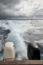 Powerful outboard motors of a speedboat fleeing a storm, selective focus Royalty Free Stock Photo