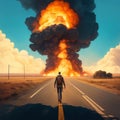 Journey into Chaos: Man Walking Toward the Explosion. AI Generated