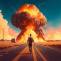 Journey into Chaos: Man Walking Toward the Explosion. AI Generated