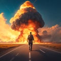 Journey into Chaos: Man Walking Toward the Explosion. AI Generated