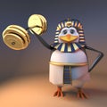 Powerful pharaoh penguin Tutankhamun lifts weights effortlessly, 3d illustration