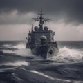 Navy ship braving rough seas in overcast weather