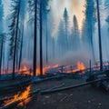 A powerful photograph of a forest engulfed in thick smoke from emphasizing the urgent need for forest fire prevention and