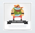 Powerful pirate, bearded filibuster holding dagger with his teeth, scary pirates flat vector ilustration