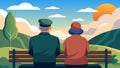 A powerful portrayal of a veteran and their spouse sitting side by side on a bench gazing out at a peaceful landscape as