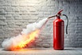 Powerful Powder Fire Extinguisher CloseUp Demonstrating Effective Fire Suppression on a Crisp White Brick Surface for Royalty Free Stock Photo