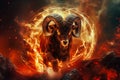 A powerful ram with imposing horns standing amidst flames in a field