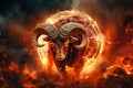 A powerful ram with imposing horns standing amidst flames in a field