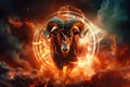 A powerful ram with imposing horns standing amidst flames in a field