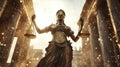 Majestic goddess of justice stands tall with scales amidst shimmering columns and ethereal light in a cinematic landscape Royalty Free Stock Photo