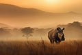 Powerful Rhinoceros walking through the savana at sunset. Amazing African wildlife